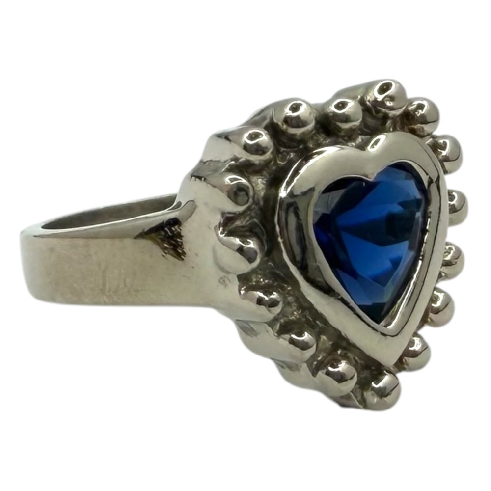 Vintage Heart Ring 925 Sterling Silver Size 7 Blue Glass Faceted Beaded Border
